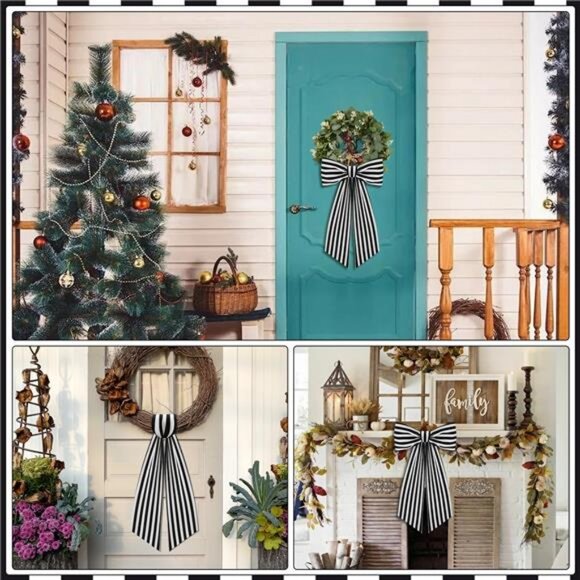 2 Pack Boxwood Wreath Sash Garland for Front Door Porch Decor (Black and White - Picture 5 of 7